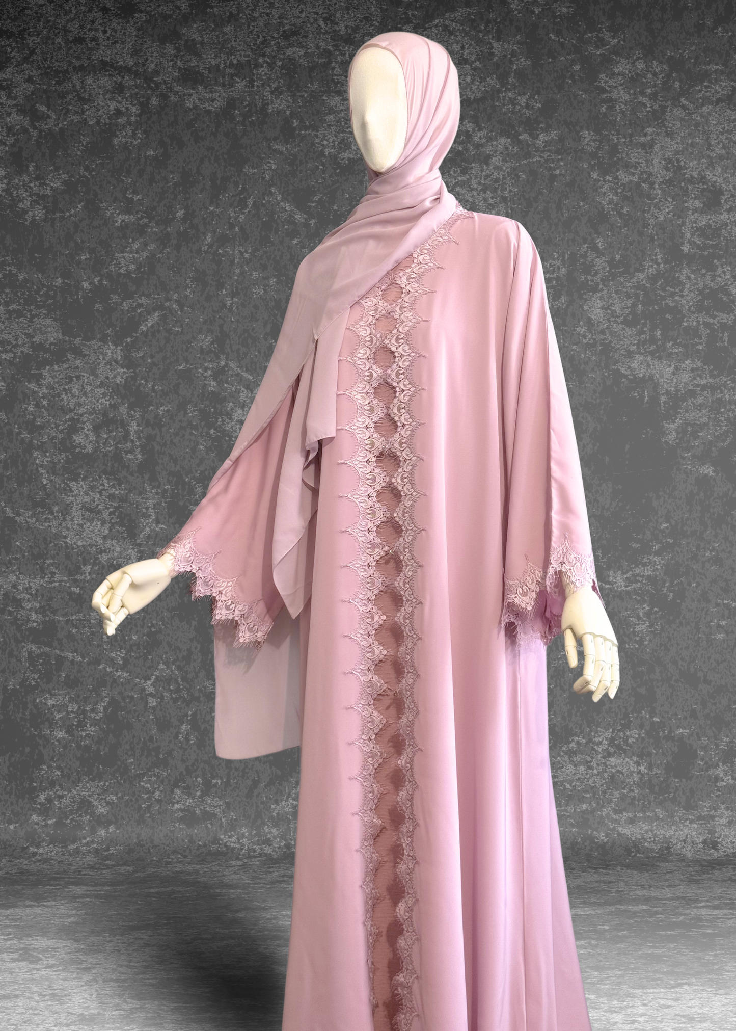 Blush Pink Lace Abaya with Matching Hijab